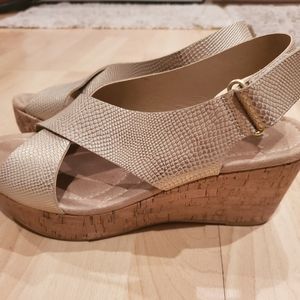 Chinese Laundry gold snakeskin strapped wedges